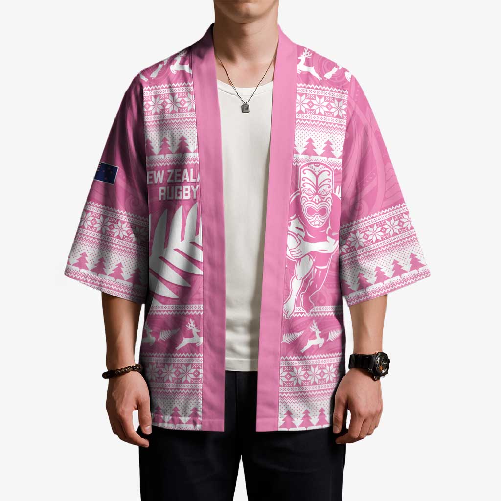 New Zealand Christmas Rugby Personalised Kimono Meri Kirihimete All Black Maori Pink Version - Aussie Hoodie
