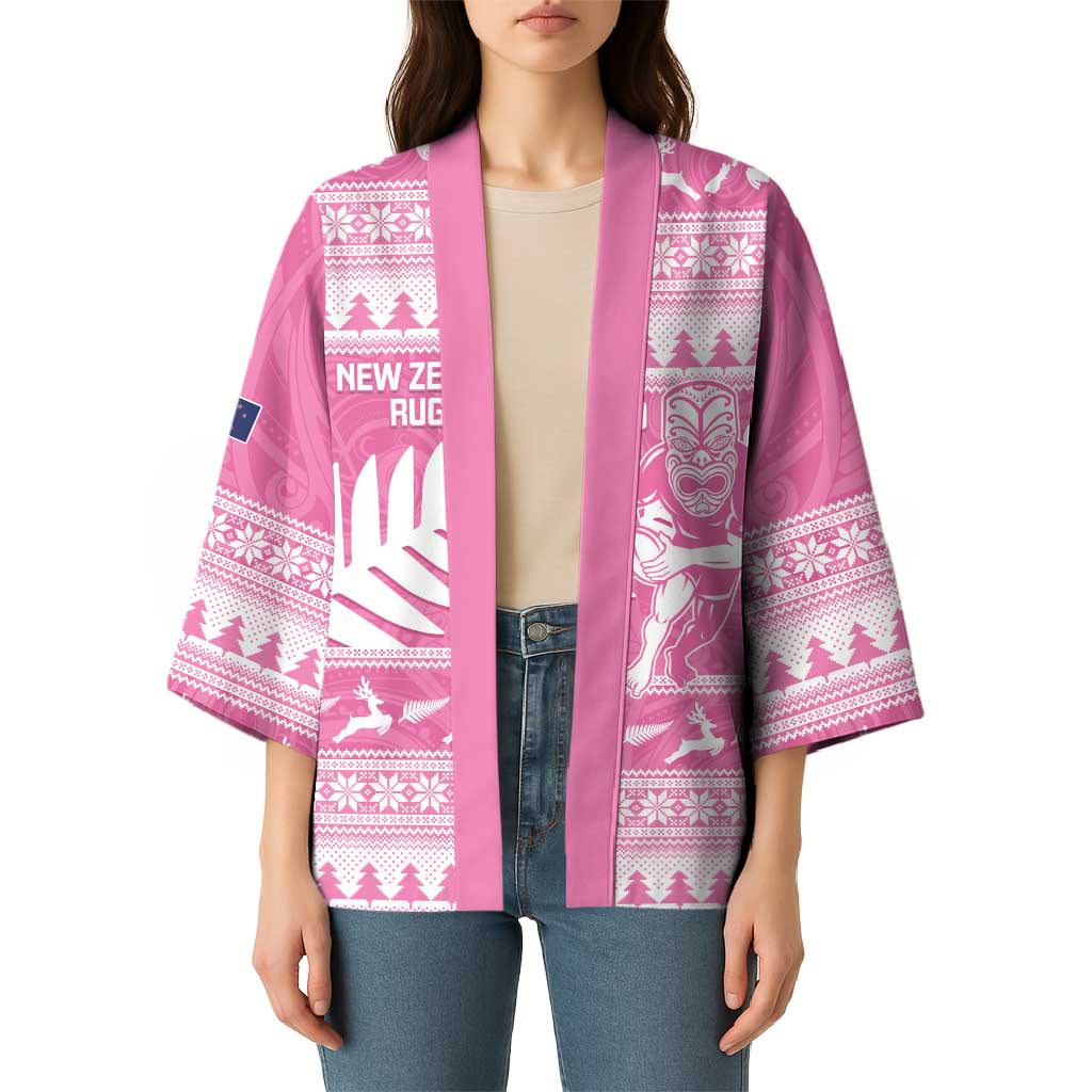 New Zealand Christmas Rugby Personalised Kimono Meri Kirihimete All Black Maori Pink Version - Aussie Hoodie