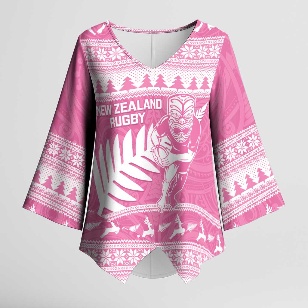 New Zealand Christmas Rugby Personalised Kimono Sleeve Blouse Meri Kirihimete All Black Maori Pink Version - Aussie Hoodie