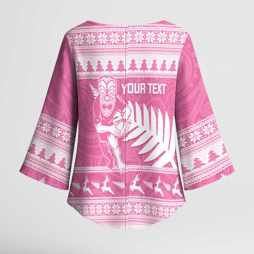 New Zealand Christmas Rugby Personalised Kimono Sleeve Blouse Meri Kirihimete All Black Maori Pink Version - Aussie Hoodie