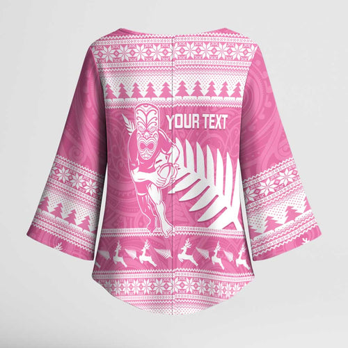 New Zealand Christmas Rugby Personalised Kimono Sleeve Blouse Meri Kirihimete All Black Maori Pink Version - Aussie Hoodie