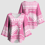 New Zealand Christmas Rugby Personalised Kimono Sleeve Blouse Meri Kirihimete All Black Maori Pink Version - Aussie Hoodie