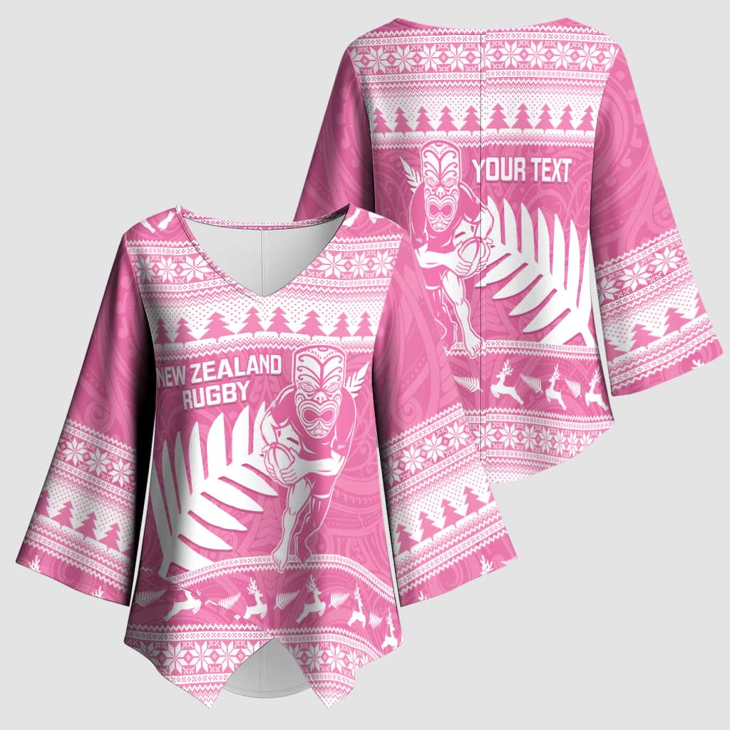 New Zealand Christmas Rugby Personalised Kimono Sleeve Blouse Meri Kirihimete All Black Maori Pink Version - Aussie Hoodie