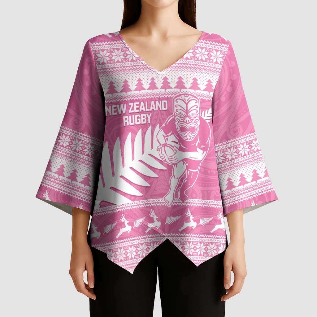 New Zealand Christmas Rugby Personalised Kimono Sleeve Blouse Meri Kirihimete All Black Maori Pink Version - Aussie Hoodie