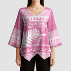 New Zealand Christmas Rugby Personalised Kimono Sleeve Blouse Meri Kirihimete All Black Maori Pink Version - Aussie Hoodie