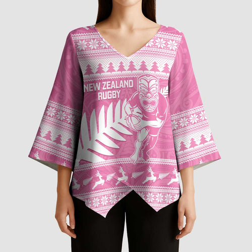 New Zealand Christmas Rugby Personalised Kimono Sleeve Blouse Meri Kirihimete All Black Maori Pink Version - Aussie Hoodie