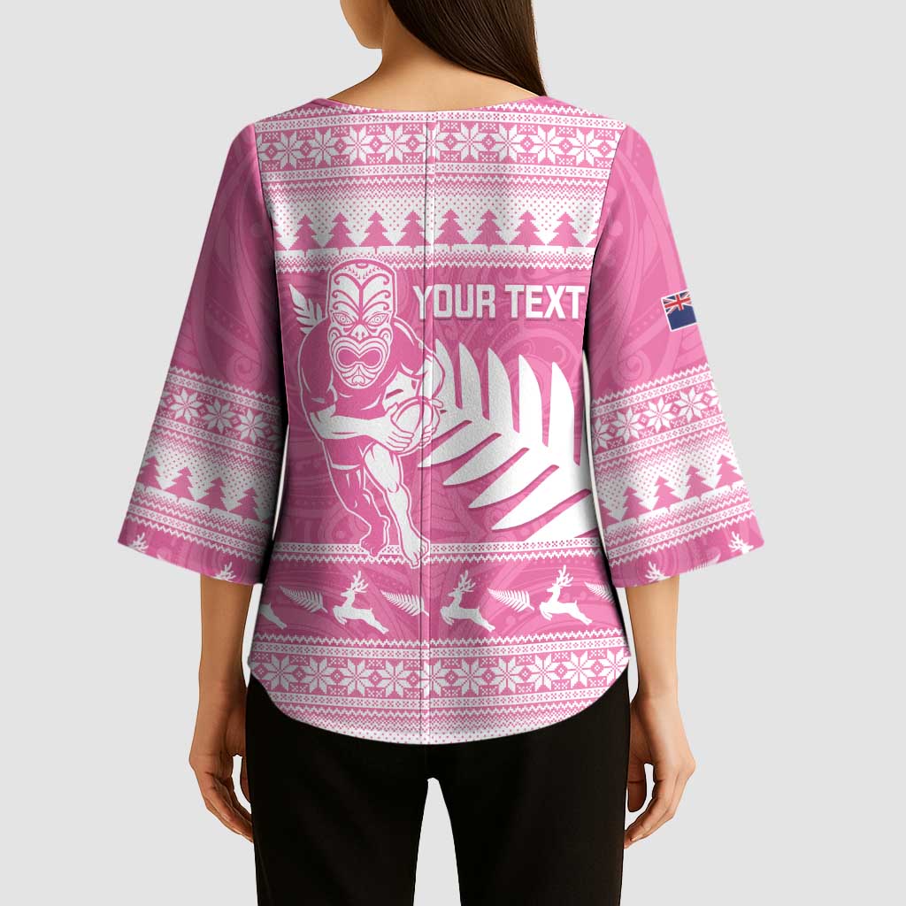 New Zealand Christmas Rugby Personalised Kimono Sleeve Blouse Meri Kirihimete All Black Maori Pink Version - Aussie Hoodie