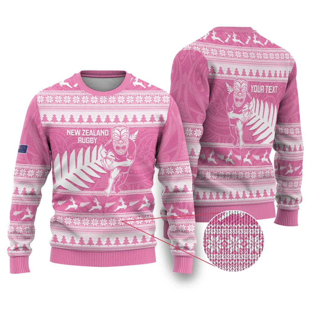 New Zealand Christmas Rugby Personalised Ugly Christmas Sweater Meri Kirihimete All Black Maori Pink Version - Aussie Hoodie