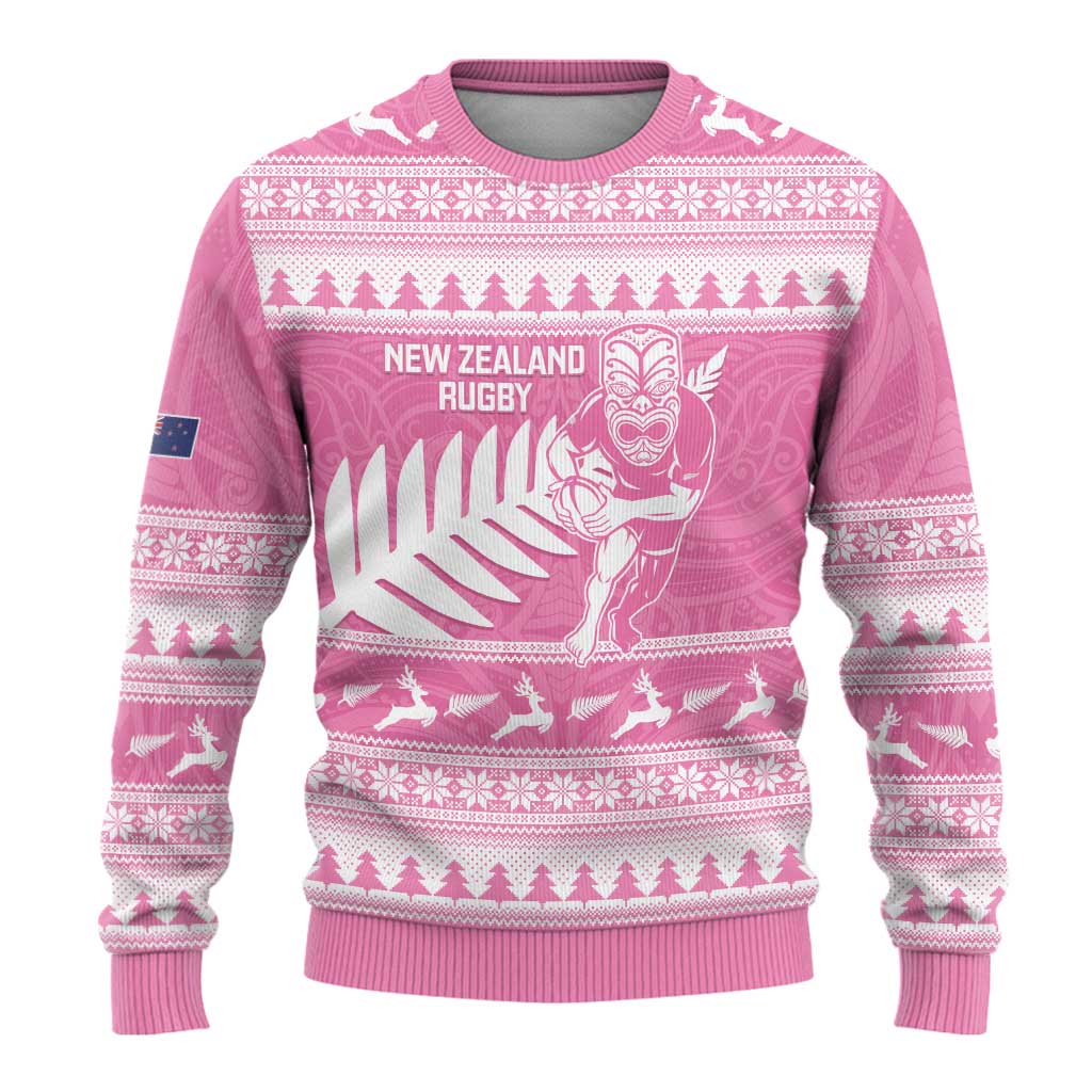 New Zealand Christmas Rugby Personalised Ugly Christmas Sweater Meri Kirihimete All Black Maori Pink Version - Aussie Hoodie
