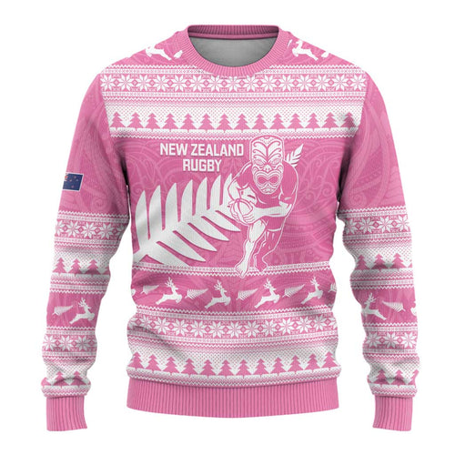 New Zealand Christmas Rugby Personalised Ugly Christmas Sweater Meri Kirihimete All Black Maori Pink Version - Aussie Hoodie