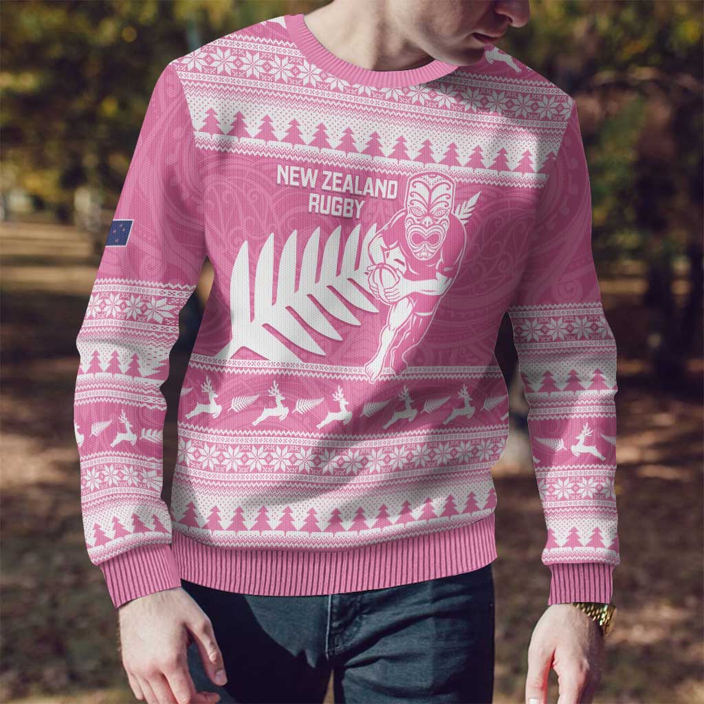 New Zealand Christmas Rugby Personalised Ugly Christmas Sweater Meri Kirihimete All Black Maori Pink Version - Aussie Hoodie