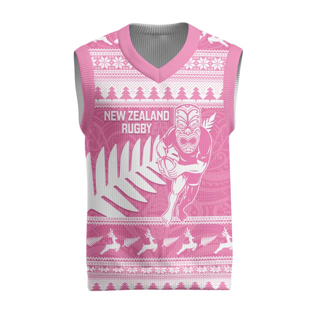 New Zealand Christmas Rugby Personalised Christmas Knitted V-Neck Vest Meri Kirihimete All Black Maori Pink Version - Aussie Hoodie