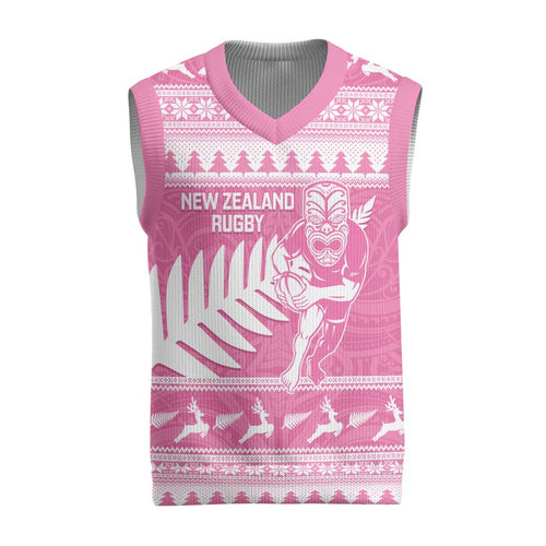 New Zealand Christmas Rugby Personalised Christmas Knitted V-Neck Vest Meri Kirihimete All Black Maori Pink Version - Aussie Hoodie