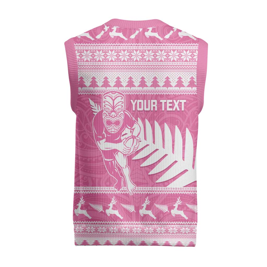 New Zealand Christmas Rugby Personalised Christmas Knitted V-Neck Vest Meri Kirihimete All Black Maori Pink Version - Aussie Hoodie