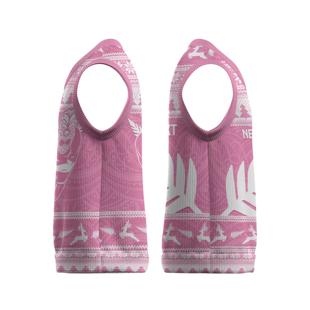 New Zealand Christmas Rugby Personalised Christmas Knitted V-Neck Vest Meri Kirihimete All Black Maori Pink Version - Aussie Hoodie