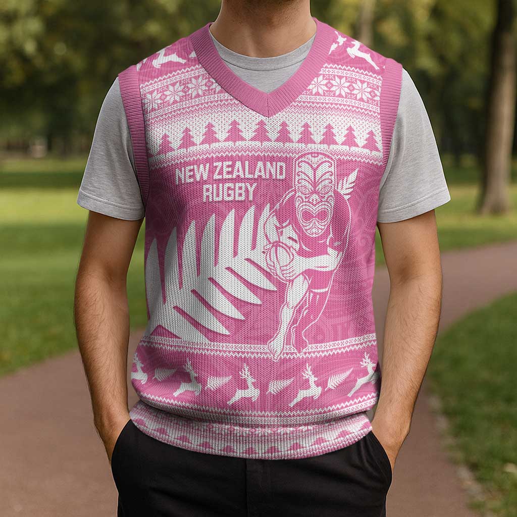 New Zealand Christmas Rugby Personalised Christmas Knitted V-Neck Vest Meri Kirihimete All Black Maori Pink Version - Aussie Hoodie