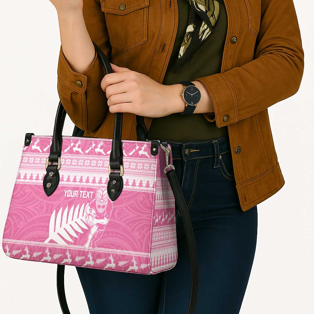 New Zealand Christmas Rugby Personalised Leather Bag Meri Kirihimete All Black Maori Pink Version - Aussie Hoodie