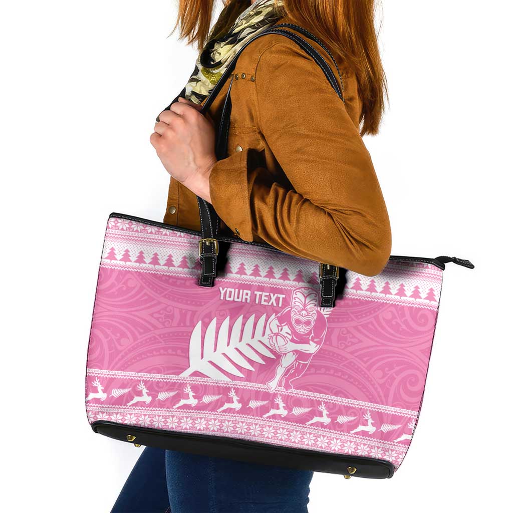 New Zealand Christmas Rugby Personalised Leather Tote Bag Meri Kirihimete All Black Maori Pink Version - Aussie Hoodie