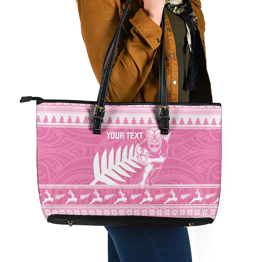New Zealand Christmas Rugby Personalised Leather Tote Bag Meri Kirihimete All Black Maori Pink Version - Aussie Hoodie