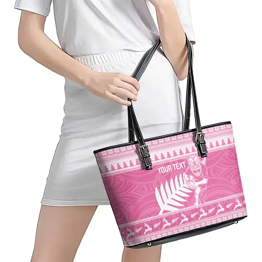 New Zealand Christmas Rugby Personalised Leather Tote Bag Meri Kirihimete All Black Maori Pink Version - Aussie Hoodie