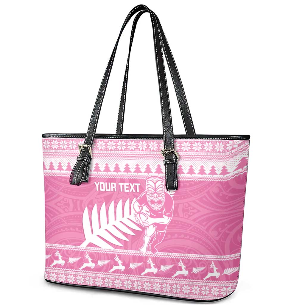 New Zealand Christmas Rugby Personalised Leather Tote Bag Meri Kirihimete All Black Maori Pink Version - Aussie Hoodie