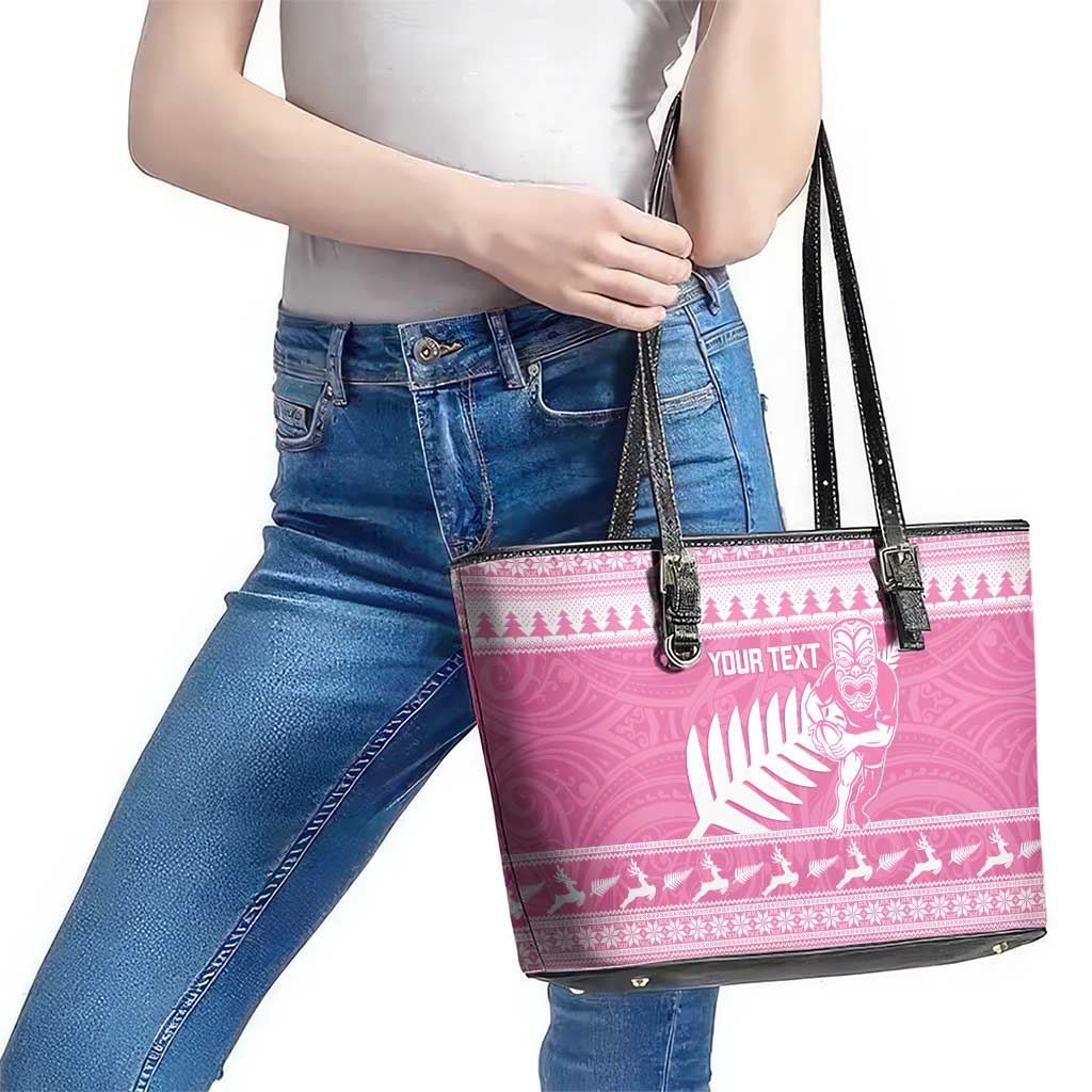 New Zealand Christmas Rugby Personalised Leather Tote Bag Meri Kirihimete All Black Maori Pink Version - Aussie Hoodie