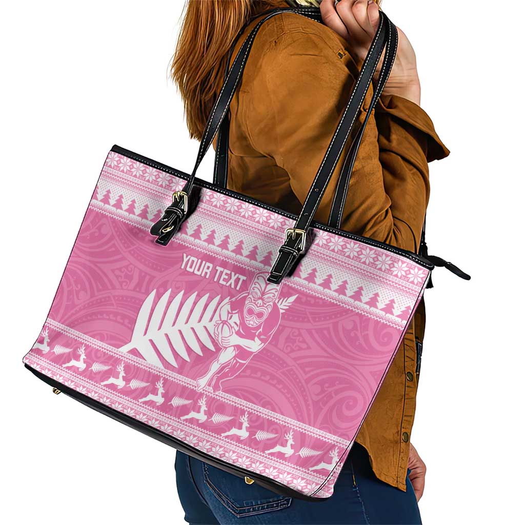 New Zealand Christmas Rugby Personalised Leather Tote Bag Meri Kirihimete All Black Maori Pink Version - Aussie Hoodie