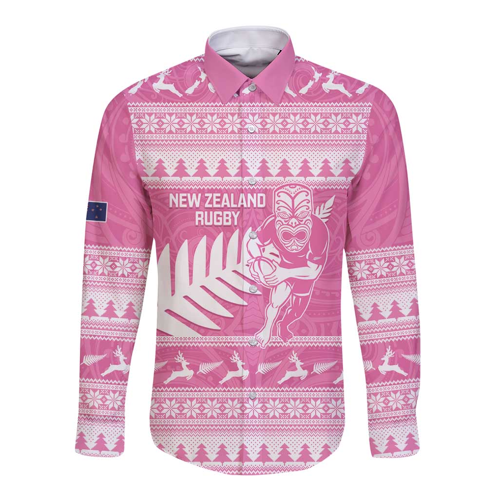 New Zealand Christmas Rugby Personalised Long Sleeve Button Shirt Meri Kirihimete All Black Maori Pink Version - Aussie Hoodie
