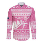 New Zealand Christmas Rugby Personalised Long Sleeve Button Shirt Meri Kirihimete All Black Maori Pink Version - Aussie Hoodie