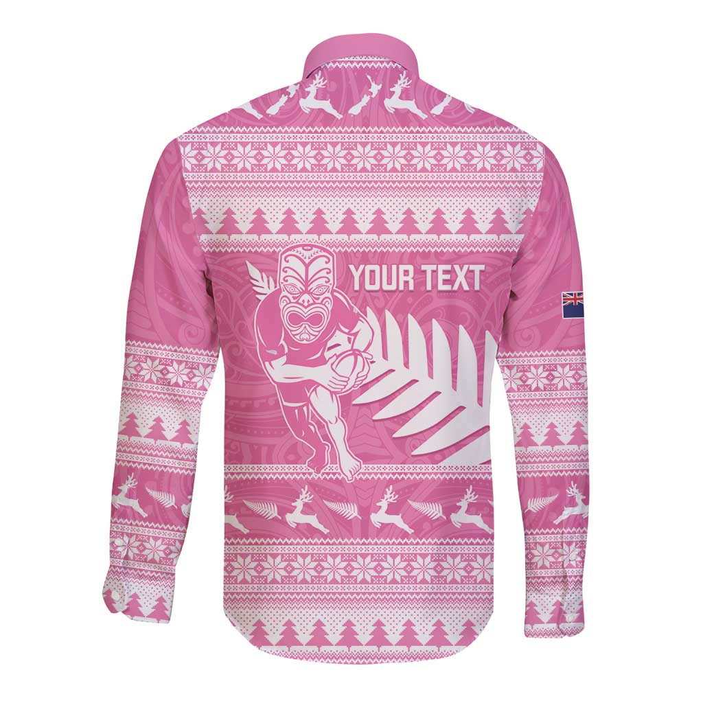 New Zealand Christmas Rugby Personalised Long Sleeve Button Shirt Meri Kirihimete All Black Maori Pink Version - Aussie Hoodie