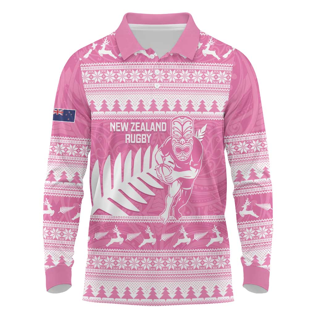 New Zealand Christmas Rugby Personalised Long Sleeve Polo Shirt Meri Kirihimete All Black Maori Pink Version - Aussie Hoodie