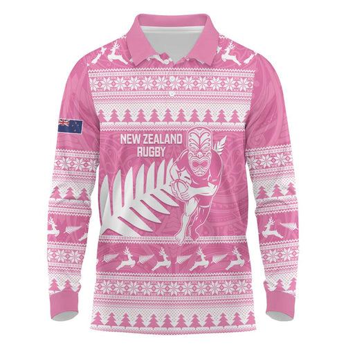 New Zealand Christmas Rugby Personalised Long Sleeve Polo Shirt Meri Kirihimete All Black Maori Pink Version - Aussie Hoodie