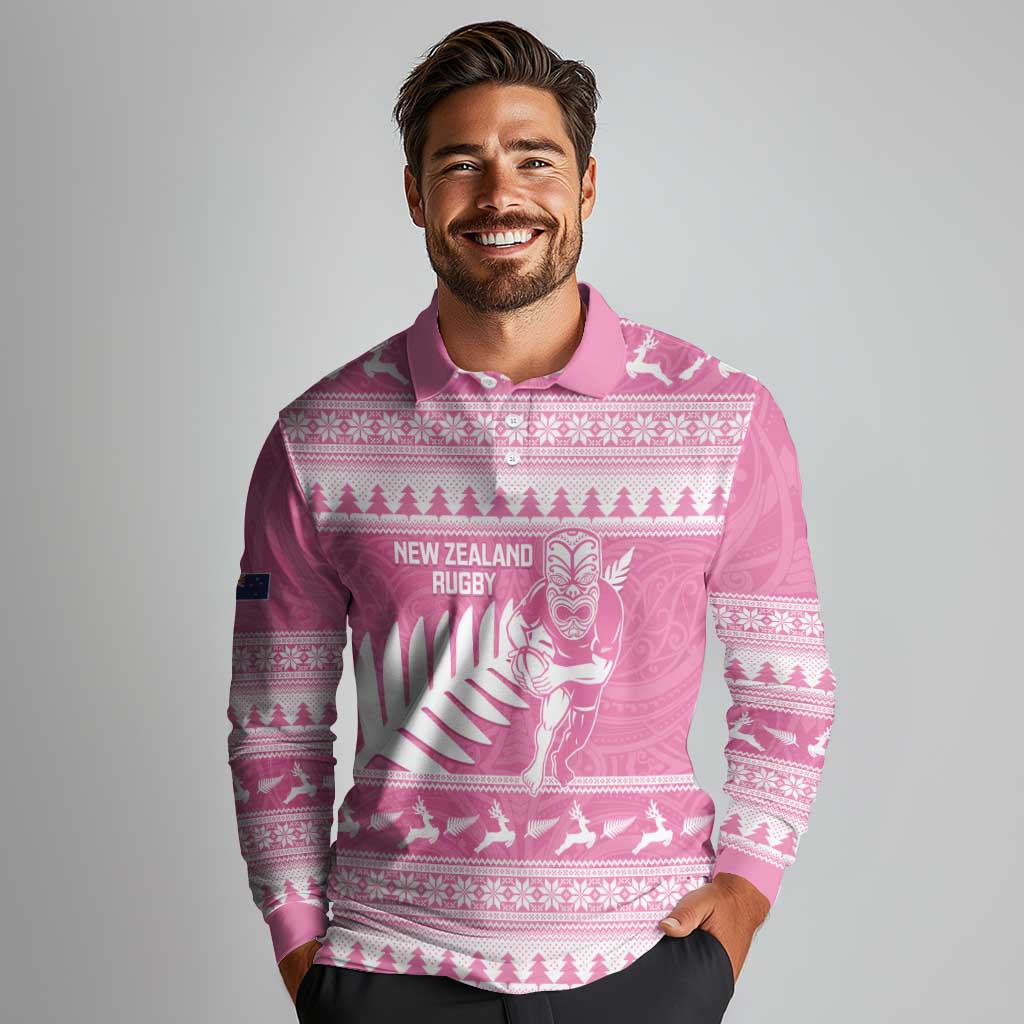 New Zealand Christmas Rugby Personalised Long Sleeve Polo Shirt Meri Kirihimete All Black Maori Pink Version - Aussie Hoodie