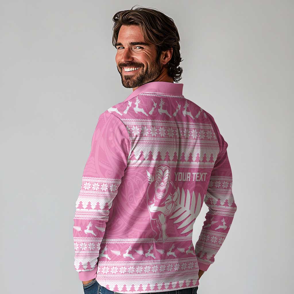 New Zealand Christmas Rugby Personalised Long Sleeve Polo Shirt Meri Kirihimete All Black Maori Pink Version - Aussie Hoodie