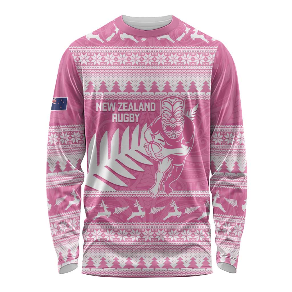 New Zealand Christmas Rugby Personalised Long Sleeve Shirt Meri Kirihimete All Black Maori Pink Version - Aussie Hoodie