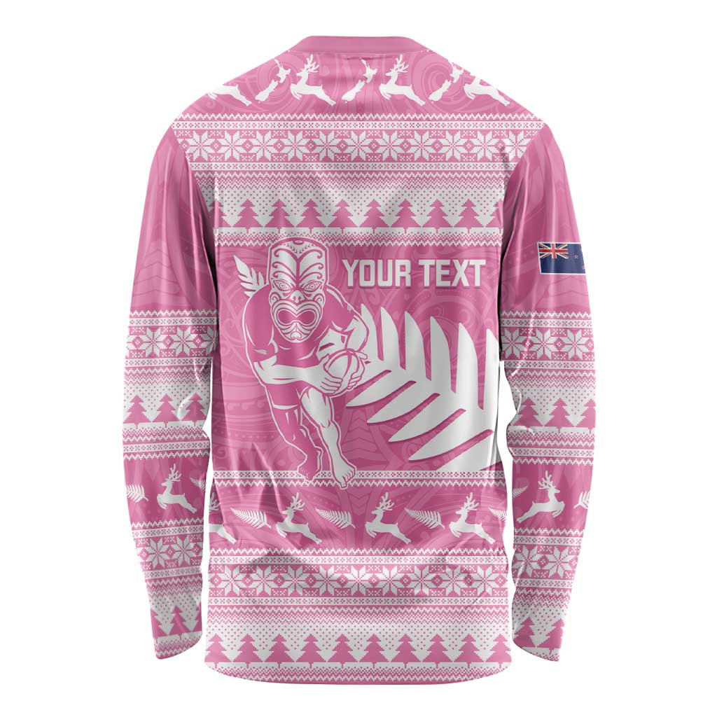 New Zealand Christmas Rugby Personalised Long Sleeve Shirt Meri Kirihimete All Black Maori Pink Version - Aussie Hoodie
