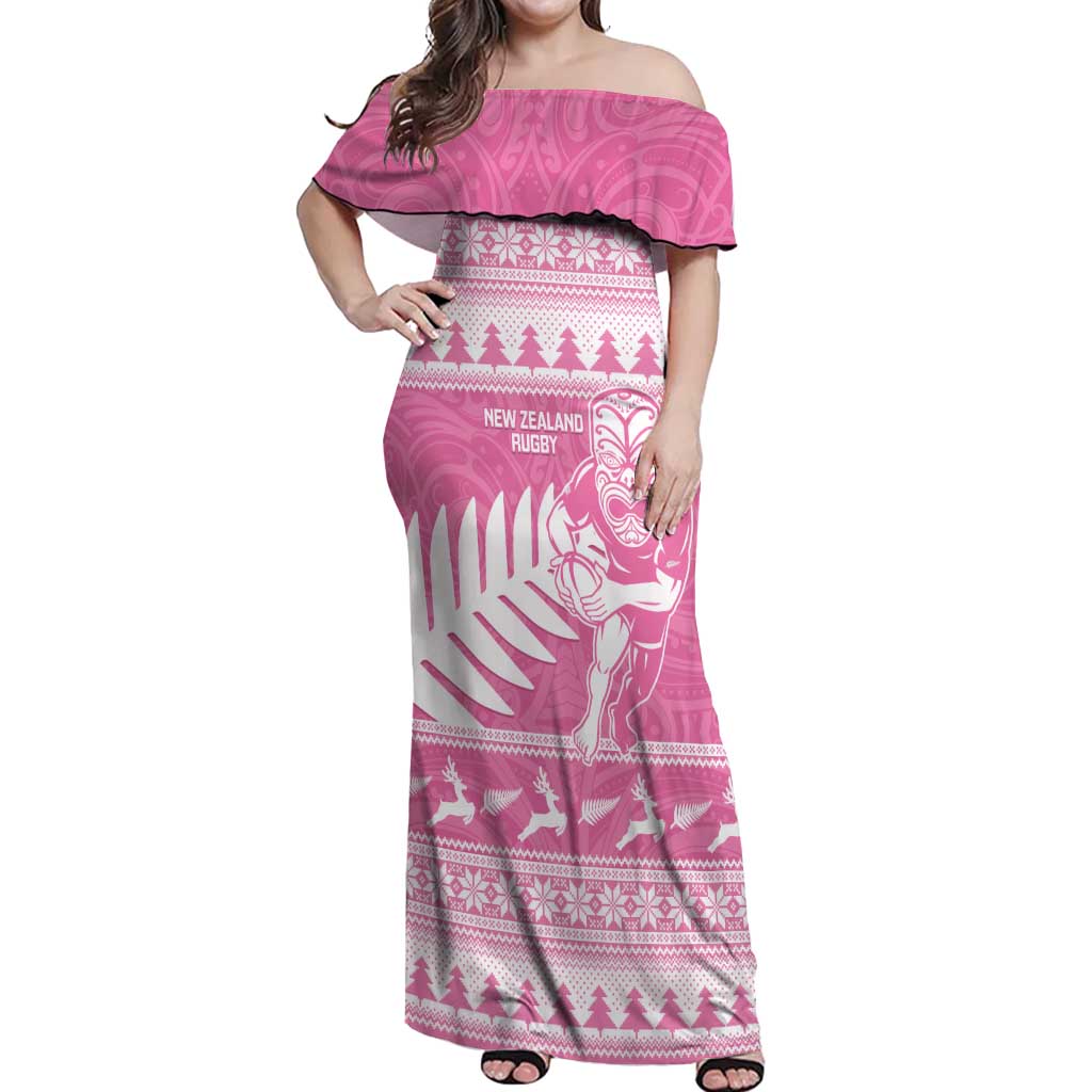 New Zealand Christmas Rugby Personalised Off Shoulder Maxi Dress Meri Kirihimete All Black Maori Pink Version - Aussie Hoodie