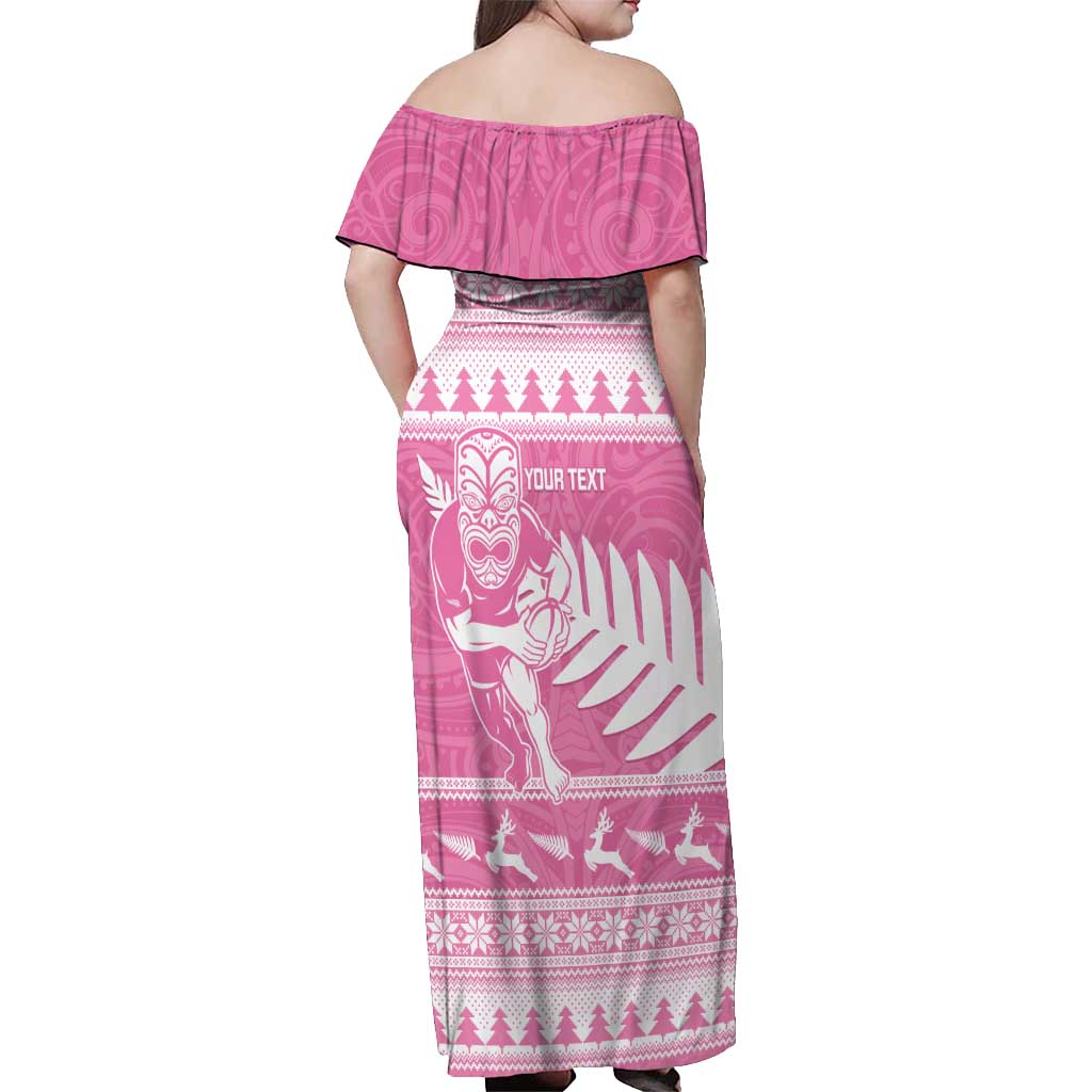 New Zealand Christmas Rugby Personalised Off Shoulder Maxi Dress Meri Kirihimete All Black Maori Pink Version - Aussie Hoodie