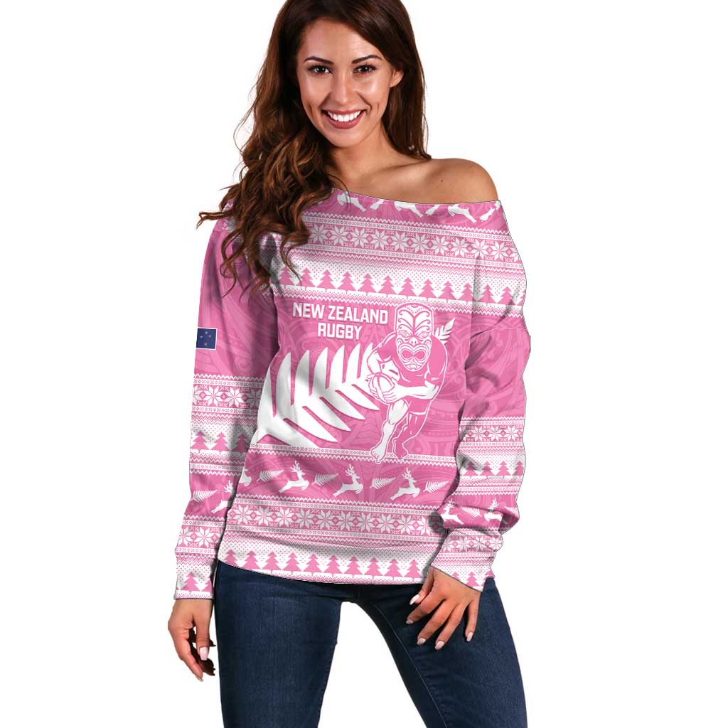 New Zealand Christmas Rugby Personalised Off Shoulder Sweater Meri Kirihimete All Black Maori Pink Version - Aussie Hoodie