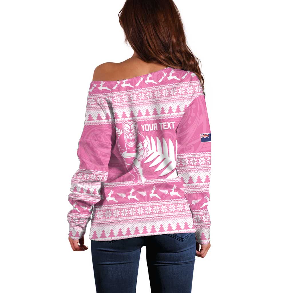 New Zealand Christmas Rugby Personalised Off Shoulder Sweater Meri Kirihimete All Black Maori Pink Version - Aussie Hoodie