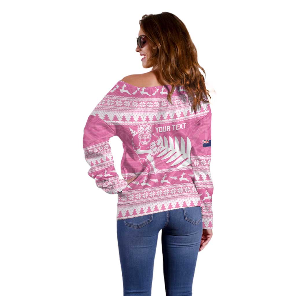 New Zealand Christmas Rugby Personalised Off Shoulder Sweater Meri Kirihimete All Black Maori Pink Version - Aussie Hoodie