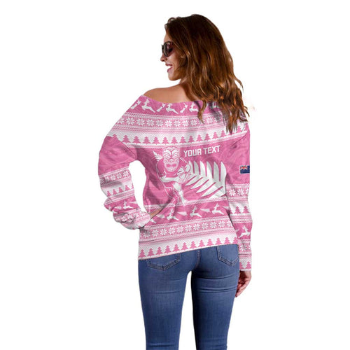 New Zealand Christmas Rugby Personalised Off Shoulder Sweater Meri Kirihimete All Black Maori Pink Version - Aussie Hoodie