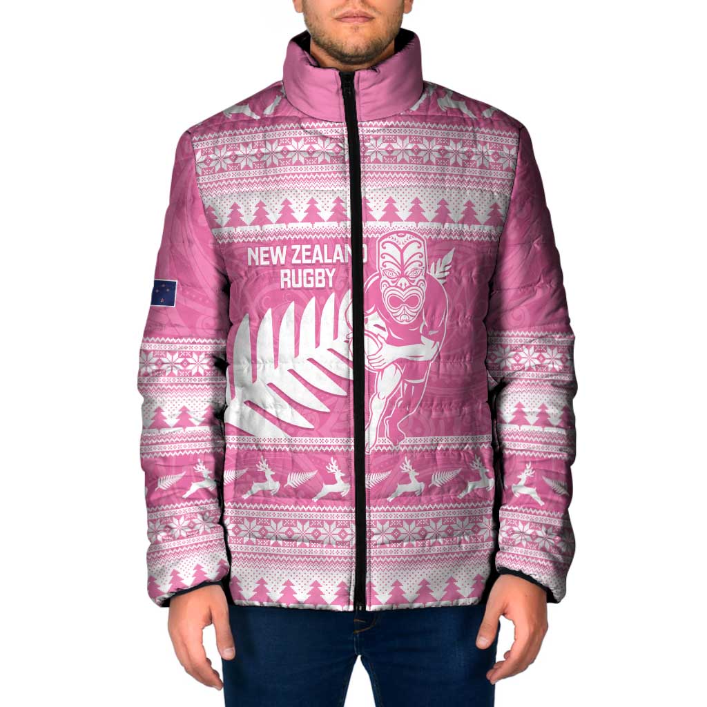 New Zealand Christmas Rugby Personalised Padded Jacket Meri Kirihimete All Black Maori Pink Version - Aussie Hoodie