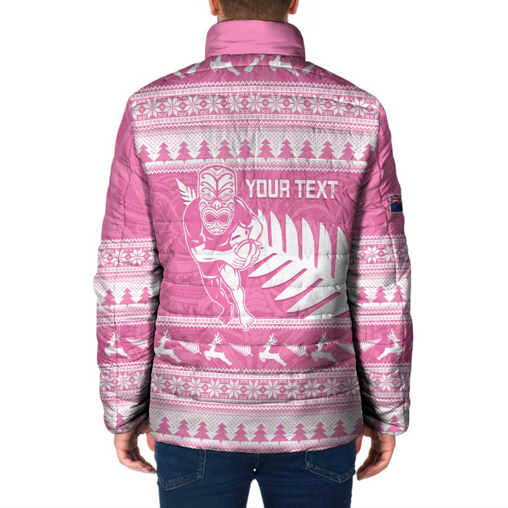 New Zealand Christmas Rugby Personalised Padded Jacket Meri Kirihimete All Black Maori Pink Version - Aussie Hoodie