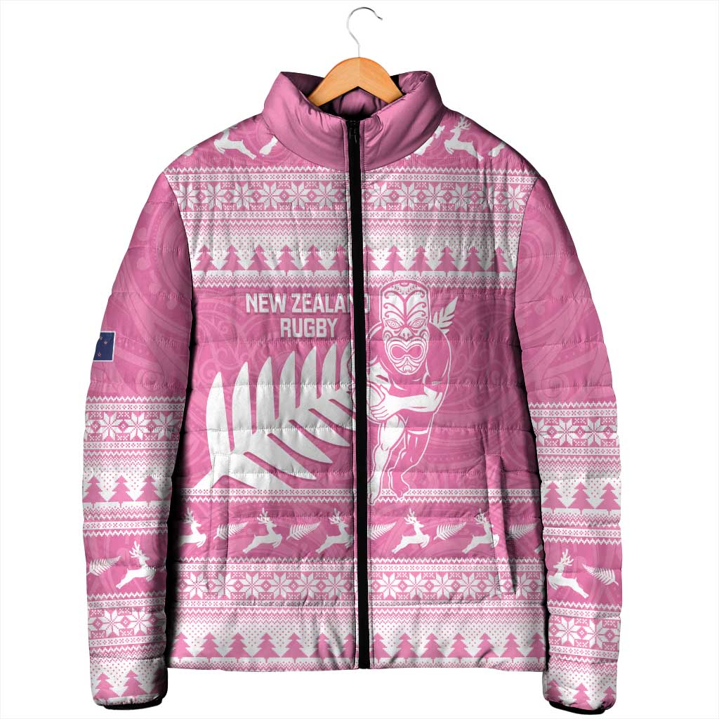 New Zealand Christmas Rugby Personalised Padded Jacket Meri Kirihimete All Black Maori Pink Version - Aussie Hoodie