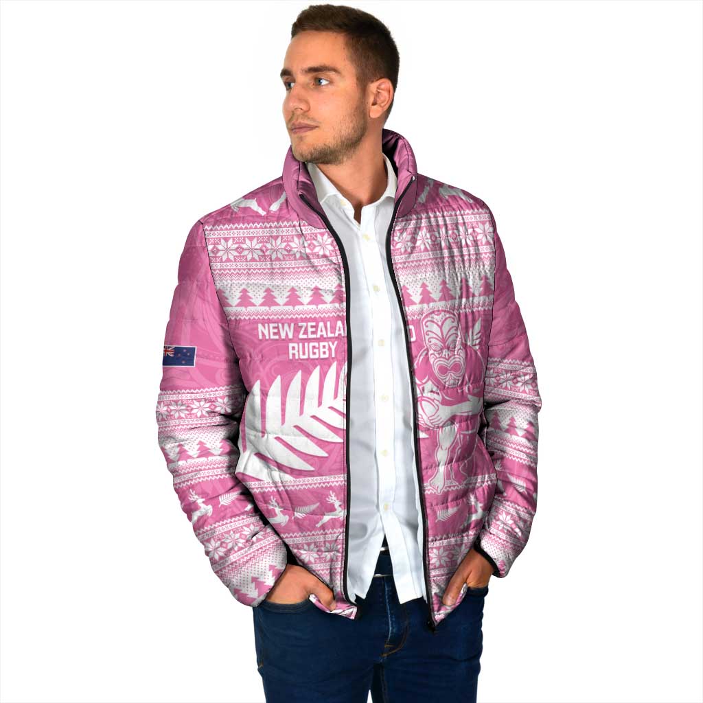 New Zealand Christmas Rugby Personalised Padded Jacket Meri Kirihimete All Black Maori Pink Version - Aussie Hoodie
