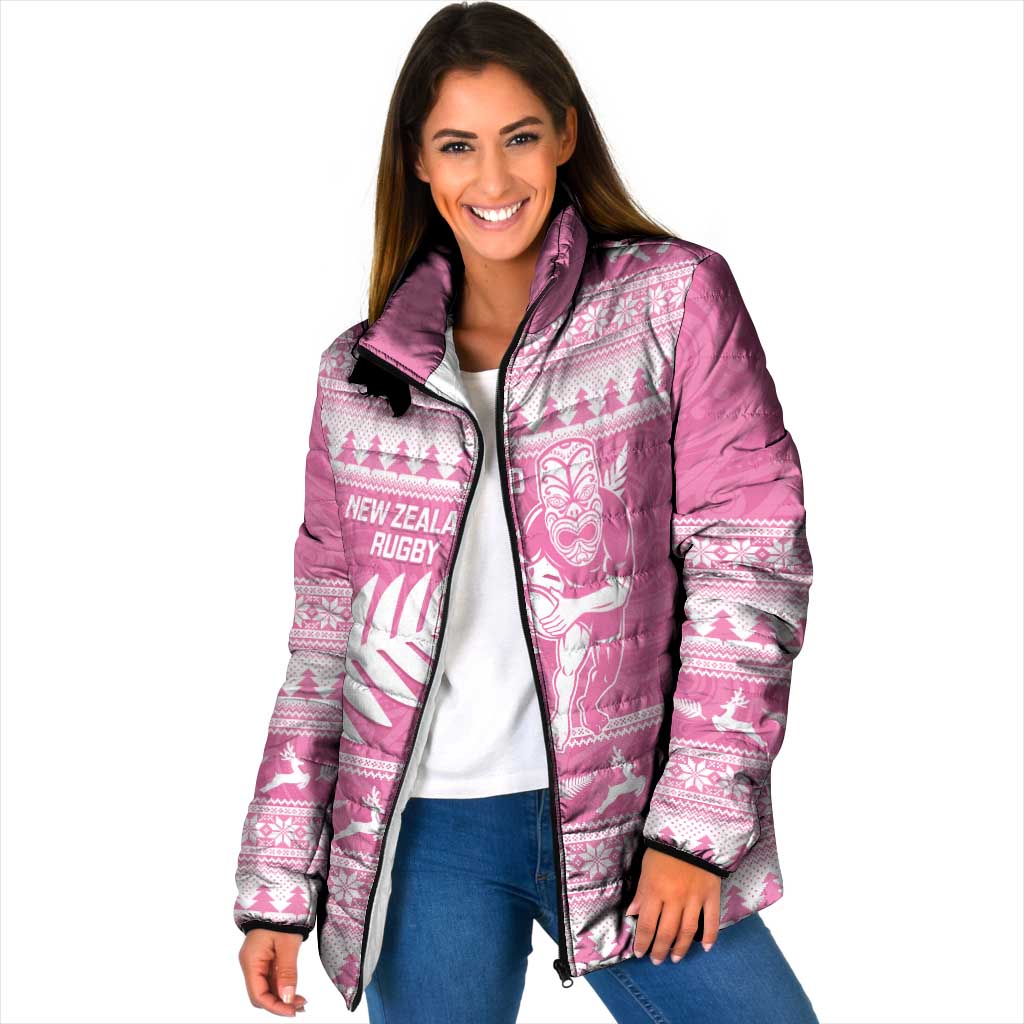 New Zealand Christmas Rugby Personalised Padded Jacket Meri Kirihimete All Black Maori Pink Version - Aussie Hoodie