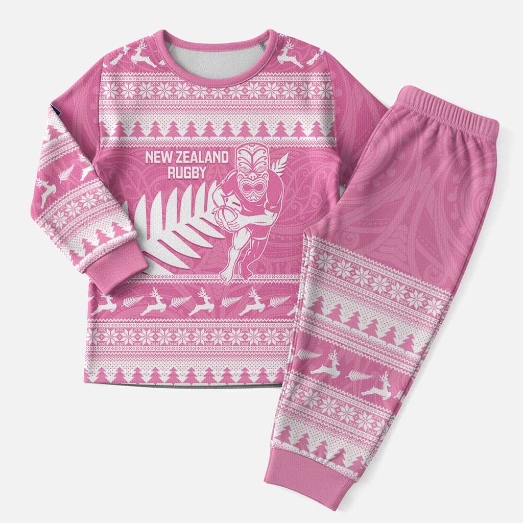 New Zealand Christmas Rugby Personalised Christmas Pajama Set Meri Kirihimete All Black Maori Pink Version - Aussie Hoodie
