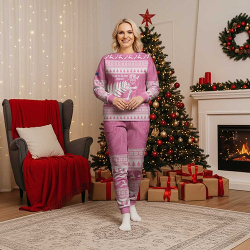 New Zealand Christmas Rugby Personalised Christmas Pajama Set Meri Kirihimete All Black Maori Pink Version - Aussie Hoodie