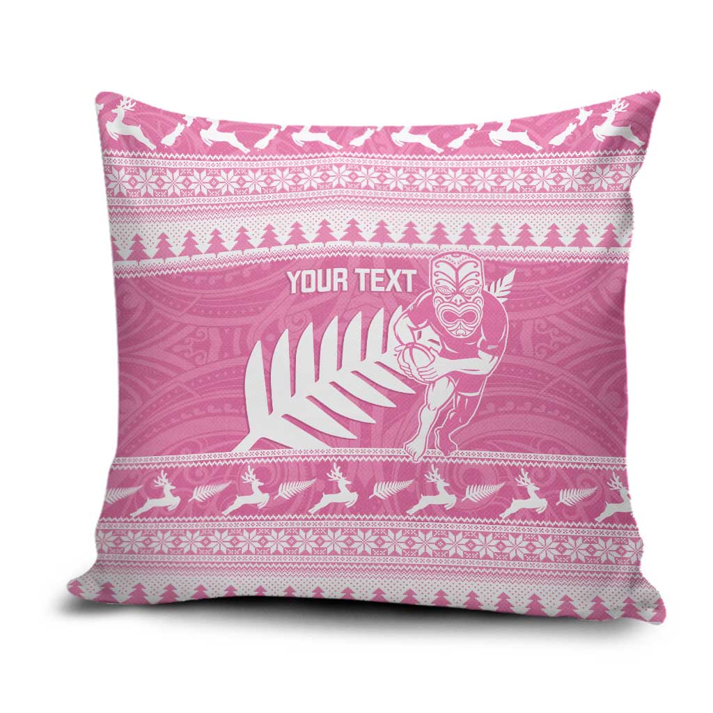 New Zealand Christmas Rugby Personalised Pillow Cover Meri Kirihimete All Black Maori Pink Version - Aussie Hoodie